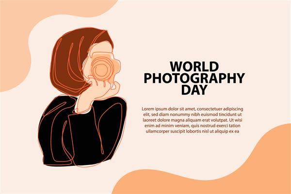 تصویر هنری تک خطی از زن حجابی که دوربین نگه می دارد جوان مسلمان عرب در مفهوم طراحی دستی روز جهانی عکاسی