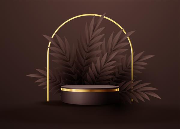 صحنه سیاه مینیمال با اشکال هندسی و برگ های نخل سکوی استوانه ای طلایی و مشکی روی زمینه شکلاتی قهوه ای مرحله سه بعدی برای نمایش یک محصول آرایشی و بهداشتی