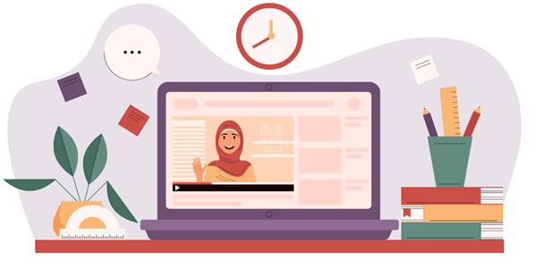 زن مسلمان روی صفحه نمایش لپ تاپ مفهوم یادگیری الکترونیکی فضای کاری با عناصر برای آموزش آموزش آنلاین در خانه کلاس درس دیجیتال سخنرانی ویدیویی تصویر وکتور