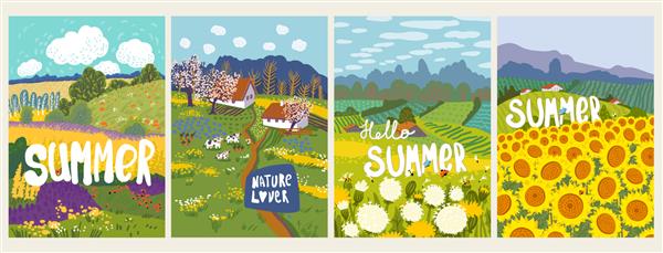 مجموعه ای از منظره طبیعت تابستانی کارت پستال گل زرد گل آفتابگردان کلبه چشم انداز مزارع حومه شهر