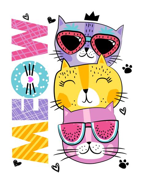 تصویر انتزاعی زیبا با گربه های کارتونی در میوه های شیشه ای طراحی برای کودکان و دختران چاپ تابستانی دخترانه برای تی شرت