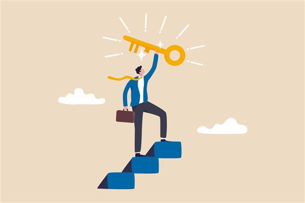 کلید موفقیت در کسب و کار راه پله برای یافتن کلید مخفی یا دستیابی به مفهوم هدف شغلی برنده تاجر تا بالای پلکان بالا می رود و کلید موفقیت طلایی را به آسمان می برد