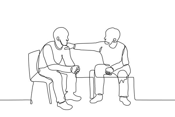 مردی از یک دوست حمایت می کند پسری دستش را روی شانه یک دوست گذاشت - نقاشی یک خط دو مرد در کنار هم می نشینند که یکی از آنها خطاب می کند یا از نظر روانی اخلاقی از دیگری حمایت می کند