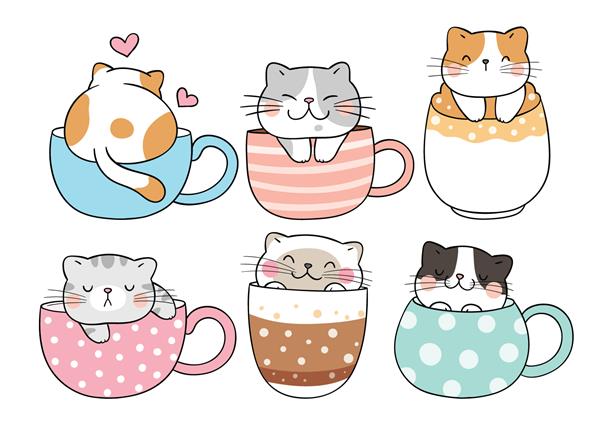تصویر وکتور وکتور طراحی کاراکتر مجموعه گربه خوابیده در فنجان قهوه به سبک کارتونی دودل