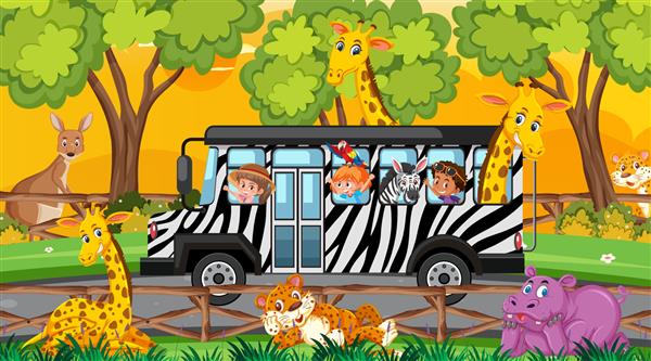 سافاری در صحنه غروب خورشید با کودکان و حیوانات در تصویر اتوبوس