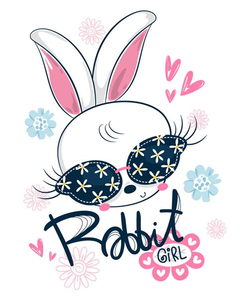 کارتون دختر خرگوش زیبا با عینک آفتابی گل در روز آفتابی جدا شده بر روی تصویر پس زمینه سفید وکتور
