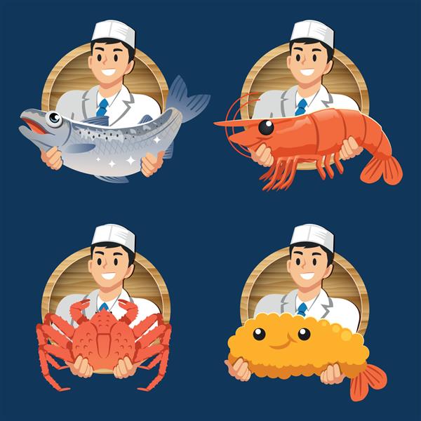 آشپز ژاپنی مواد تازه سرو کنید طراحی مفهومی لوگو رستوران غذاهای دریایی