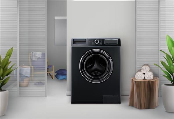 ماشین لباسشویی در رنگ مشکی در پس زمینه داخلی شیک روشن وکتور تصویر واقع گرایانه سه بعدی