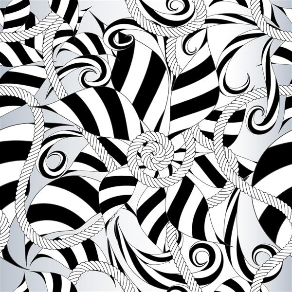 الگوی بدون درز گل انتزاعی سیاه و سفید پس زمینه وکتور تک رنگ زینتی گل های راه راه پیچیده برگ ها شکل ها چرخش ها طناب های پیچ خورده و ریسمان طراحی خطی زیبا
