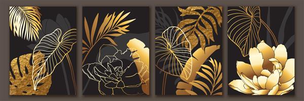 پس زمینه هنر گیاه شناسی لوکس کاغذ دیواری طلایی برگ های گرمسیری گل طراحی دیواری شیک مدرن با بافت براق و براق ترکیب بندی برای بسته بندی کارت چاپ پوستر جلد بروشور
