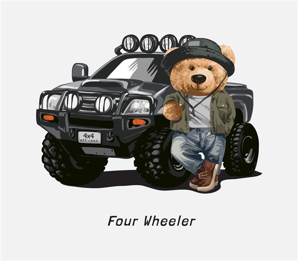 شعار چهار چرخ با عروسک خرس و تصویر وکتور کامیون 4 چرخ
