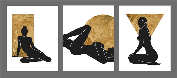 ست وکتور هنر دیواری زنانه طلایی و سیاه طراحی هنری سیلوئت بوهو با شکل انتزاعی طراحی بدنه انتزاعی برای چاپ جلد کاغذ دیواری هنر دیواری مینیمال