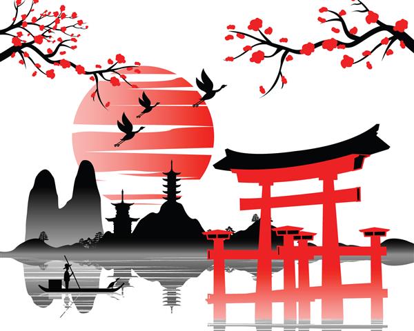 هنر ژاپنی با طراحی باستانی دروازه توری و طبیعت زیبای ژاپن تصویر وکتور