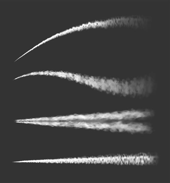 وکتور ابرهای سفید واقعی شیمی‌تریل‌های هواپیما یا جت‌های بخار هواپیما و مسیرهای دود ردپای دود و رد دود جریان دود و دم بخار مه راکت پرتاب موشک کانتریل یا سفینه فضایی