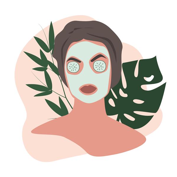 صورت زن با برگ های سبز در پس زمینه ماسک آرایشی زیبایی با خیار روی چشم زن جوان زیبا در حال استفاده از محصولات آرایشی بنر مراقبت از پوست مفهوم مراقبت از خود تصویر وکتور تخت