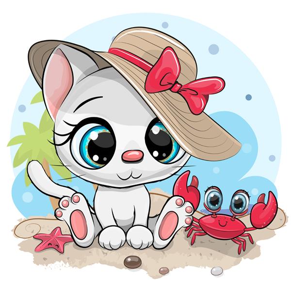 کارتون وایت کیتی با کلاه و خرچنگ زیبا در ساحل