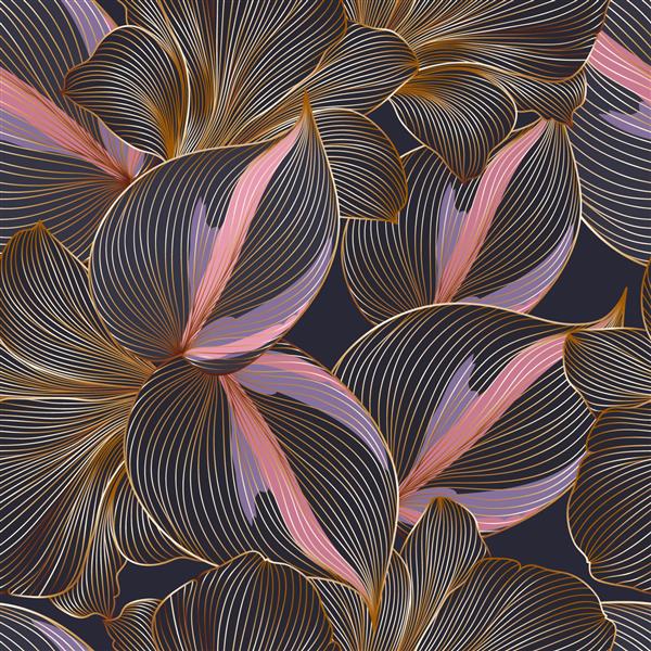 پس زمینه گلی بدون درز طلایی لوکس با برگ های استوایی چاپ نقاشی هنری برای دکور دیوار کاغذ دیواری الگوی وکتور گیاه شناسی طبیعی با برگ های بافتی گیاهان عجیب و غریب