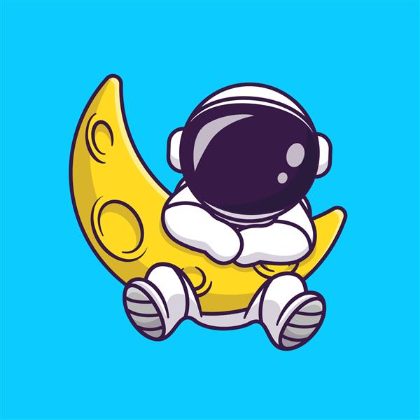 تصویر وکتور آیکون کارتونی فضانورد ناز با ماه داسی وکتور ممتاز جدا شده از نماد فناوری علم سبک کارتونی تخت