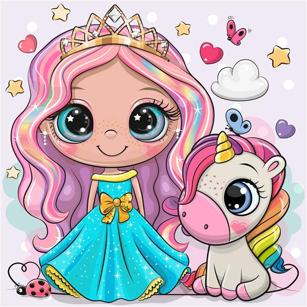کارت پستال با کارتون زیبا پری پری شاهزاده خانم و اسب شاخدار