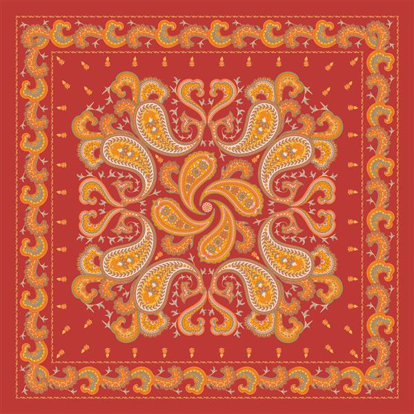 الگوی پیزلی مربع برای چاپ روی روسری باندانا شال روسری روبالشی پس زمینه قرمز