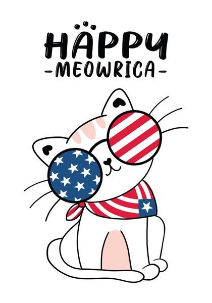 گربه ناز آمئووریکا 4 ژوئیه روز استقلال با ستاره ها و عینک های راه راه گربه تصویر وکتور تخت ابله کارتونی