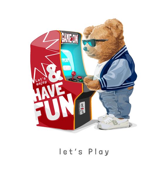 بیایید با عروسک خرس در عینک آفتابی که در حال بازی آرکید تصویر وکتور است شعار بازی کنیم