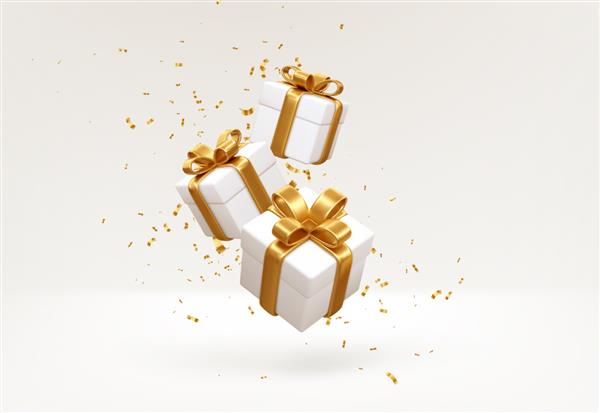 جعبه های هدیه سفید سال نو و کریسمس مبارک 2022 با پاپیون طلایی و کوفته پولک های طلایی در زمینه سفید جعبه های هدیه در حال پرواز و سقوط تصویر وکتور EPS10