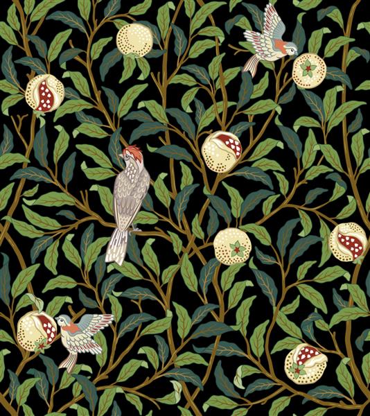 پرندگان قدیمی در شاخ و برگ با الگوی بدون درز پرندگان و میوه ها در زمینه تیره سبک قرون وسطی ویلیام موریس تصویر وکتور
