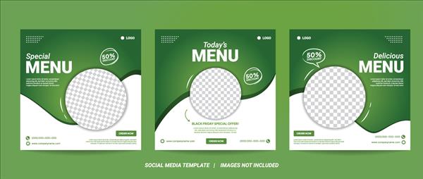 مجموعه طرح بنر مربعی قابل ویرایش پست غذای سالم مناسب برای پست رسانه های اجتماعی رستوران و تبلیغات دیجیتال آشپزی وکتور شکل رنگ پس زمینه سفید و سبز