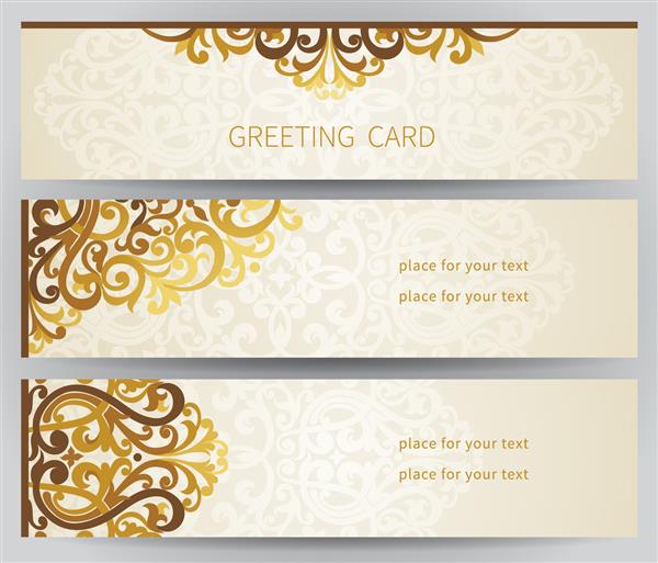 کارت های پرنعمت پرنقش به سبک شرقی دکور گل ویکتوریایی طلایی قاب قالب برای کارت تبریک و دعوت عروسی حاشیه وکتور پرآذین و جای متن شما