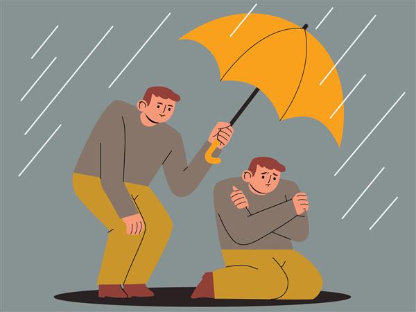 مرد شادی که برای محافظت از خود در برابر باران چتری در دست دارد خودت را دوست داشته باش مراقبت از خود خودپذیری مفهوم سلامت روان تصویر به سبک کارتونی وکتور کشیده شده با دست