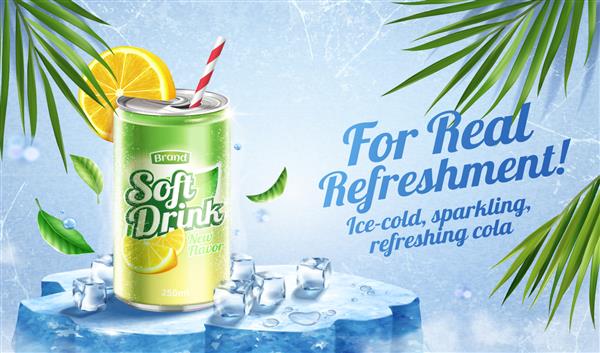 قالب تبلیغاتی سودا آبلیمو سه بعدی در مفهوم نوشیدنی خنک کننده برای تابستان قوطی کولا واقع گرایانه روی صحنه یخی با تکه های یخ و تزئین برگ نخل ایستاده است