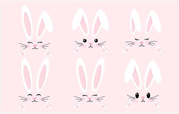 ست خرگوش عید پاک صورت خرگوش ناز با احساسات مختلف نماد عید پاک بزرگ عناصر طراحی زیبا گوش های بلند سفید پوزه و پنجه ها مجموعه وکتور تخت کارتونی جدا شده در پس زمینه صورتی
