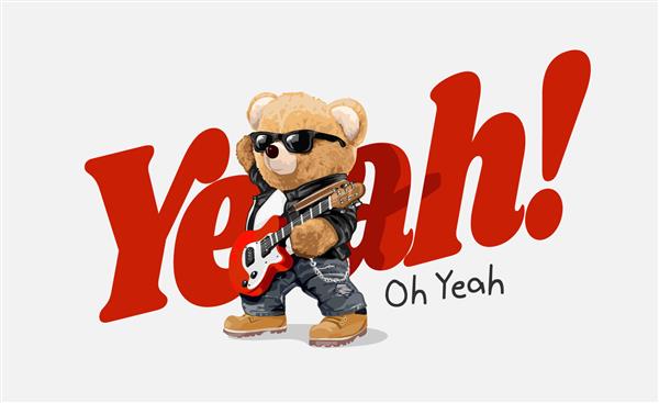 بله شعار با عروسک خرس با تصویر وکتور گیتار الکتریک