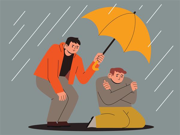 مرد شادی که برای محافظت از دوست غمگینش از باران چتری در دست دارد مفهوم حمایت و مراقبت از افراد تحت استرس مفهوم سلامت روان تصویر به سبک کارتونی وکتور کشیده شده با دست