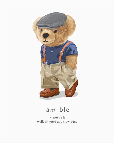 شعار amble با عروسک خرس ناز که در تصویر وکتور آهسته قدم می زند