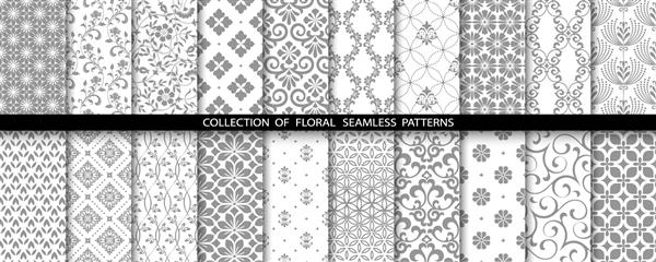 مجموعه ای گلدار هندسی از الگوهای بدون درز پس زمینه وکتور خاکستری و سفید تصاویر ساده