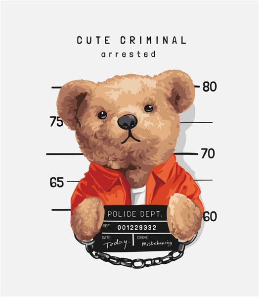 شعار جنایی زیبا با عروسک خرس زندانی که لیوان در دست دارد تصویر وکتور داغ