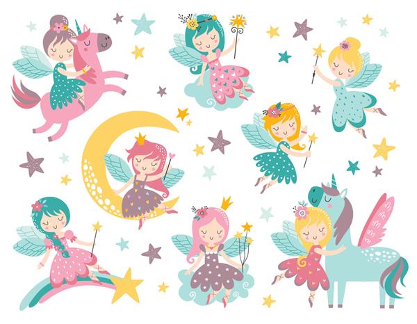 وکتور ست کودکانه با پری ستاره ماه اسب شاخدار و عناصر دیگر تصویر وکتور پری با عصای جادویی پری کارتونی برای بچه ها دختر