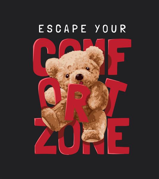 شعار منطقه راحتی خود را با تصویر وکتور عروسک خرس در پس زمینه مشکی فرار کنید