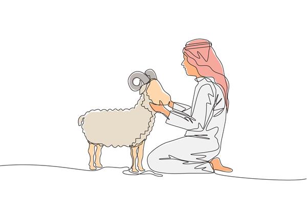 نقاشی تک خطی از یک جوان مسلمان که گوسفندی را در آغوش گرفته است عید اسلامی قربانی بز یا گوسفند کارت تبریک عید قربان مفهوم طرح طراحی خط پیوسته