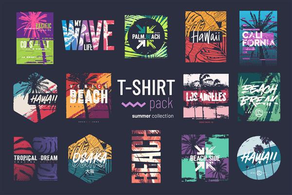 مجموعه ای از چهارده طرح وکتور رنگارنگ تیشرت تابستانی چاپ تصویر