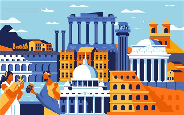 سبک طراحی تخت رنگارنگ شهر رم منظره شهری با تمام ساختمان های معروف نشانه های ترکیب شهر رم برای طراحی پیشینه سفر و گردشگری تصویر وکتور