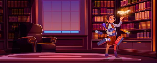 دختری با کتاب های پرنده با درخشش جادویی در کتابخانه در شب تصویر وکتور کارتونی فضای داخلی کتابخانه لوکس در خانه مدرسه یا مغازه با قفسه کتاب صندلی راحتی و کودک