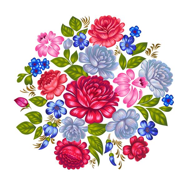 دسته گل گرد با گل های رز شکوفه بزرگ به سبک مردمی گل رز جدا شده روی سفید تصویر گیاه شناسی با مجموعه ای از جوانه های گل اثر هنری