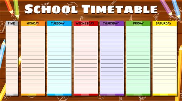 جدول زمانی مدرسه به صورت هفتگی آیکون های طرح دستی از لوازم مدرسه مداد روی تخته چوب وکتور جدول زمانی قالب سبک کارتونی