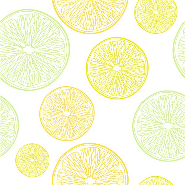 الگوی بدون درز برش های لیمو لیمو و پرتقال پس زمینه طراحی شده با دست پشت سفید