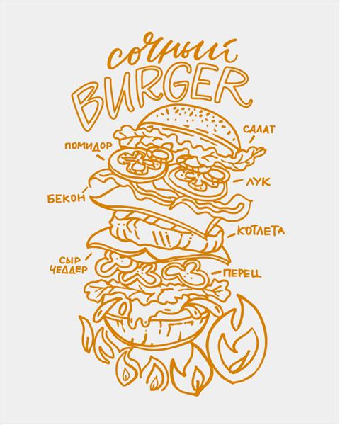 برگر با سبزیجات گوشتی آبدار خوشمزه پوستر خط کشیده شده برای منوهای کافه رستوران ها همبرگر پخته روی آتش پوستر غذای خیابانی