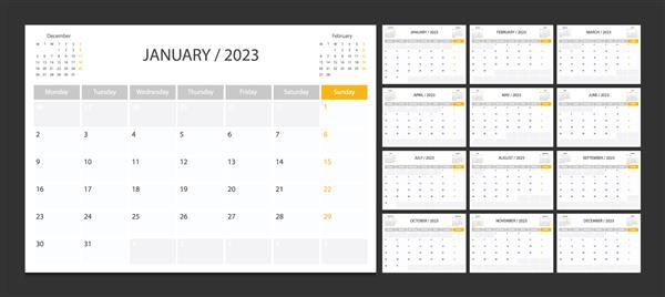 الگوی برنامه ریز طراحی شرکتی شروع هفته تقویم 2023 دوشنبه