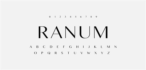 Ranum یک الفبای مدرن خلاقانه حداقل فونت شهری تایپوگرافی با حروف بزرگ و عدد مجموعه فونت های سبک مینیمالیستی تصویر وکتور eps 10